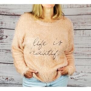 Fuzzy Soft Blush Pink Eyelash Sweater Pullover Cozy Drop Sleeve Plus Size 2XL